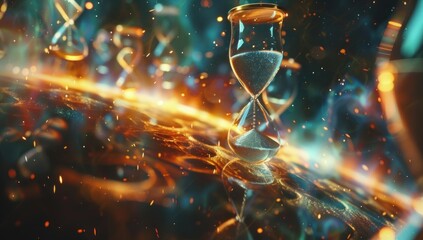 Experiment with surreal elements, such as multiple hourglasses overlapping in space, to convey the idea of time as a fluid and ever-changing concept.
