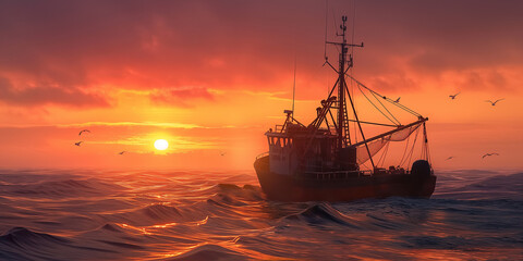 ship in the sunset, A fishing boat setting out to sea at sunrise, with fishermen preparing their...