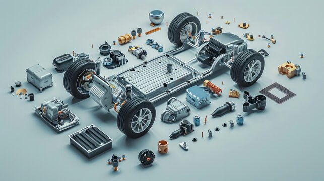 An exploded view of an electric vehicle's powertrain system, showcasing each component's individual role and contribution to the overall system.