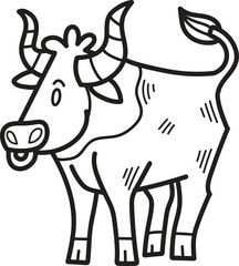 A cartoon cow with horns and a big mouth