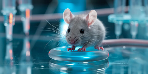 mouse in a glass, A laboratory mouse used for scientific research, with the mouse housed in a sterile environment and possibly undergoing experimental procedures.
