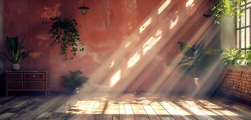 Vintage elegance and warmth radiate in a retro salmon room with soft sun rays.