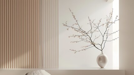 organic element composition featuring a white vase on a table against a white wall, with a brown curtain in the background