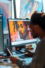 Digital Crafting a Portrait in a High-Def Modern Tech-Driven Workspace