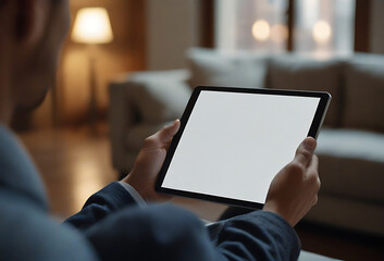 Close-up of woman touching illuminated blank screen of digital tablet