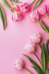 Soft pink tulips arranged gracefully on a uniform pink surface, symbolizing elegance and femininity, perfect for Mother's Day floral arrangement features in lifestyle publications