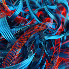 An intricate network of vibrant azure and scarlet lines, crisscrossing to form an abstract digital mesh. - obrazy, fototapety, plakaty
