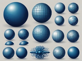 Set of abstract geometric elements spherical and round shapes  in 3D style, blue color