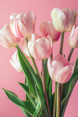 Gentle Beginnings: Pink tulips gracefully arranged, symbolizing love and appreciation, perfect for Mother's Day floral gift guides and spring gardening publications