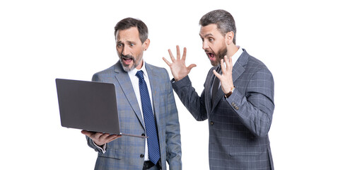 Fototapeta premium freelance men post online. freelance working online. businessmen use laptop for freelancing. business computer freelancing. businessmen freelancer isolated on white. communication. Online streaming