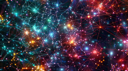 A cosmic array of digital points connected by radiant colorful lines, resembling a star map.