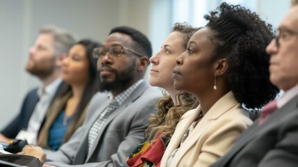 A diverse group of people of different ages and backgrounds sitting in a conference room listening attentively to a financial advisor's presentation. 