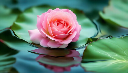 A pink rose floating in crystal clear water