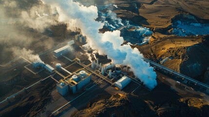 High-altitude view of a geothermal plant in a volcanic area