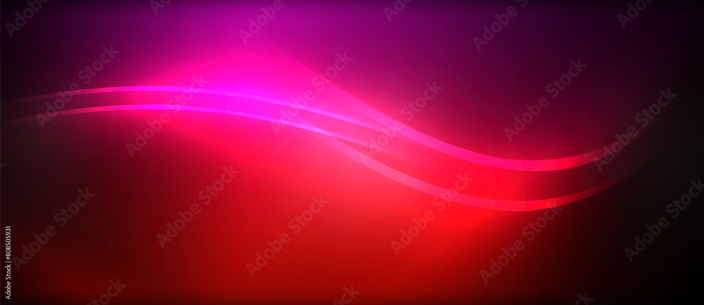 Poster a vibrant pattern of purple and red electric waves on a deep black background, reminiscent of a tech