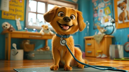A cartoon dog is sitting on a mat in a room with a blue leash