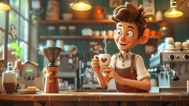 A cartoon boy is sitting at a counter with a cup of coffee in front of him