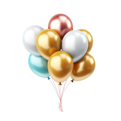 A bunch of colorful balloons with a shiny surface. The colors are gold, silver, and blue.