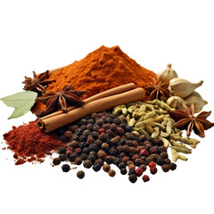 A variety of spices, including black peppercorns, red chili powder, cardamom pods, cinnamon sticks, and star anise.