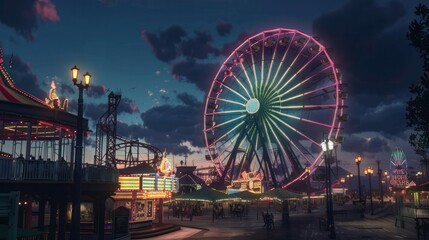 giant Ferris wheel reaching towards the sky, offering panoramic views of a bustling amusement park at night. 