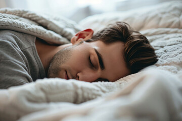 Obraz premium a man sleeping on a bed with a blanket