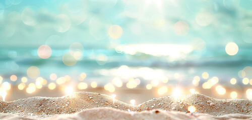 Warm summer sands under a soft blue sky, subtle bokeh enhancing tranquility.