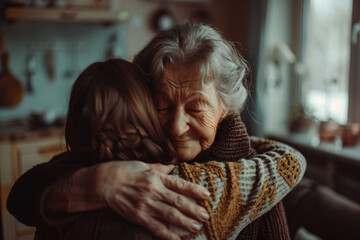 Fototapeta premium a woman hugging a woman in a kitchen