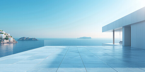 empty terrace on blue sky background, empty living room of luxury house