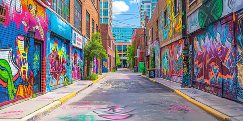 graffiti on the wall, A vibrant street art alley adorned with colorful murals and graffiti,...