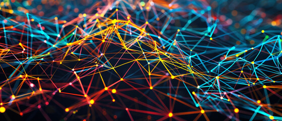 A vivid display of interconnected digital threads, forming an intricate web of colorful lines.
