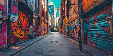 A vibrant street art alley adorned with colorful murals and graffiti, showcasing the creativity and cultural vibrancy of the city