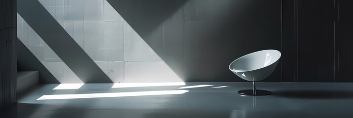 whispers of light illuminate a white chair and shiny floor against a black and white wall