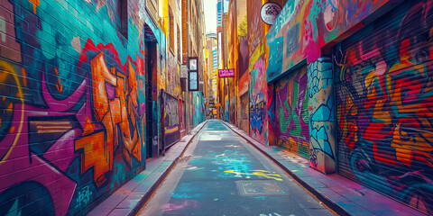 A vibrant street art alley adorned with colorful murals and graffiti, showcasing the creativity and...