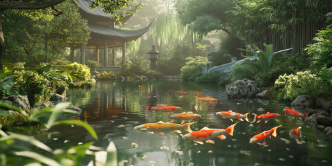 A colorful koi fish swimming gracefully in a tranquil pond surrounded by lush greenery and...