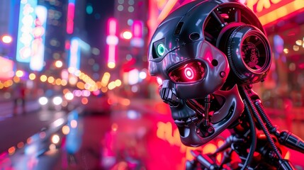 Intense close-up of a robot's face with detailed sensors, acting as a bodyguard beside a limousine under neon city lights
