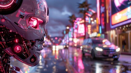 Intense close-up of a robot's face with detailed sensors, acting as a bodyguard beside a limousine under neon city lights - obrazy, fototapety, plakaty