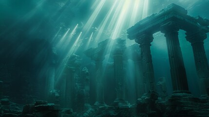 Hypnotic close-up of Atlantis ruins, draped in fog with brilliant light rays piercing through, uncovering secrets of the ancient world
