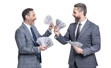 successful business men hold money dollar isolated on white. successful salary negotiation. two...