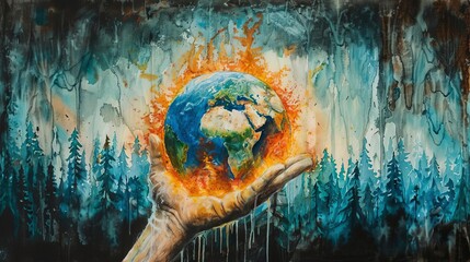 A detailed painting showing a hand holding an Earth where the forests are burning and glaciers are dripping, illustrating the severe impacts of global warming