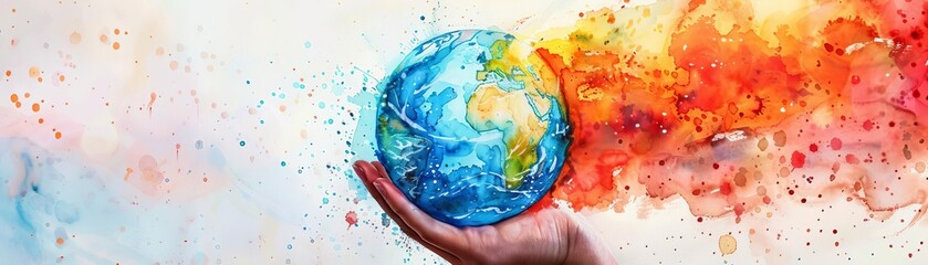 A vibrant visual metaphor with a hand holding a globe where continents are burning, signifying global warmings devastating effects - obrazy, fototapety, plakaty