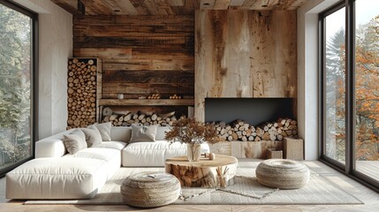Fototapeta na wymiar Tree stump coffee table near white sofa and pouf against wood paneling wall with fireplace and stack of firewood. Scandinavian style home interior design of modern living room