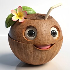 Naklejka premium 3D render of a happy coconut with a straw in its mouth and a flower necklace on isolated white background, Generative AI