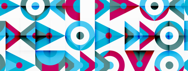 A vibrant geometric pattern featuring circles, triangles, and arrows in azure, red, magenta, and aqua hues. Symmetrical design on white textile, creating a modern art piece with bold fonts and lines