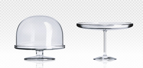 Glass cake stand plate and dome cover. Realistic 3d vector illustration set of plastic transparent tray for sweet dessert food safe display and storage. Empty glassware showcase platter and cloche. © klyaksun