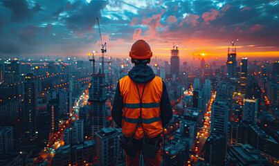  photo of construction worker in high vis vest standing on top looking over city, sunset lighting,...