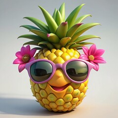 3D render of a joyful pineapple with sunglasses and a tropical flower crown on isolated white background, Generative AI