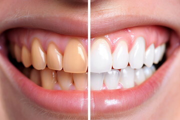 Before and after close up of teeth whitening, showing stained teeth and bright white teeth