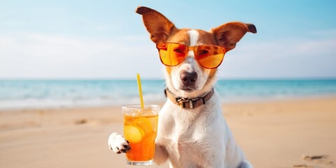 A dog in sunglasses holds a glass filled with a refreshing drink