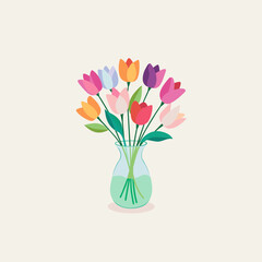 tulip Flower in Glass vases with blue water. Cute colorful flower icon collection. White background. Flat design