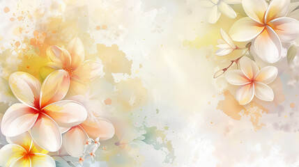 Obraz premium Frangipani flowers frame border on light background with color stains and copy space.